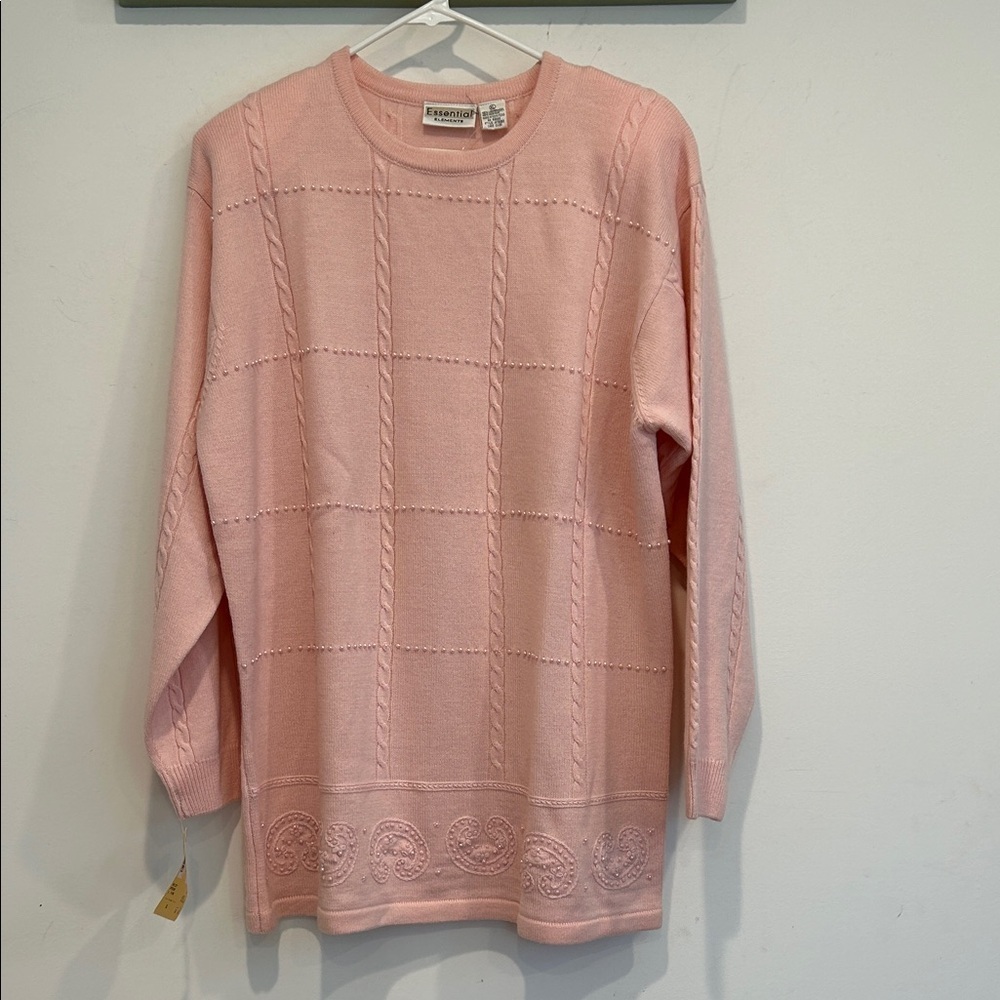 Vintage 80s Wool Pink Crew Neck Sweater pearls Womens XL deadstock new